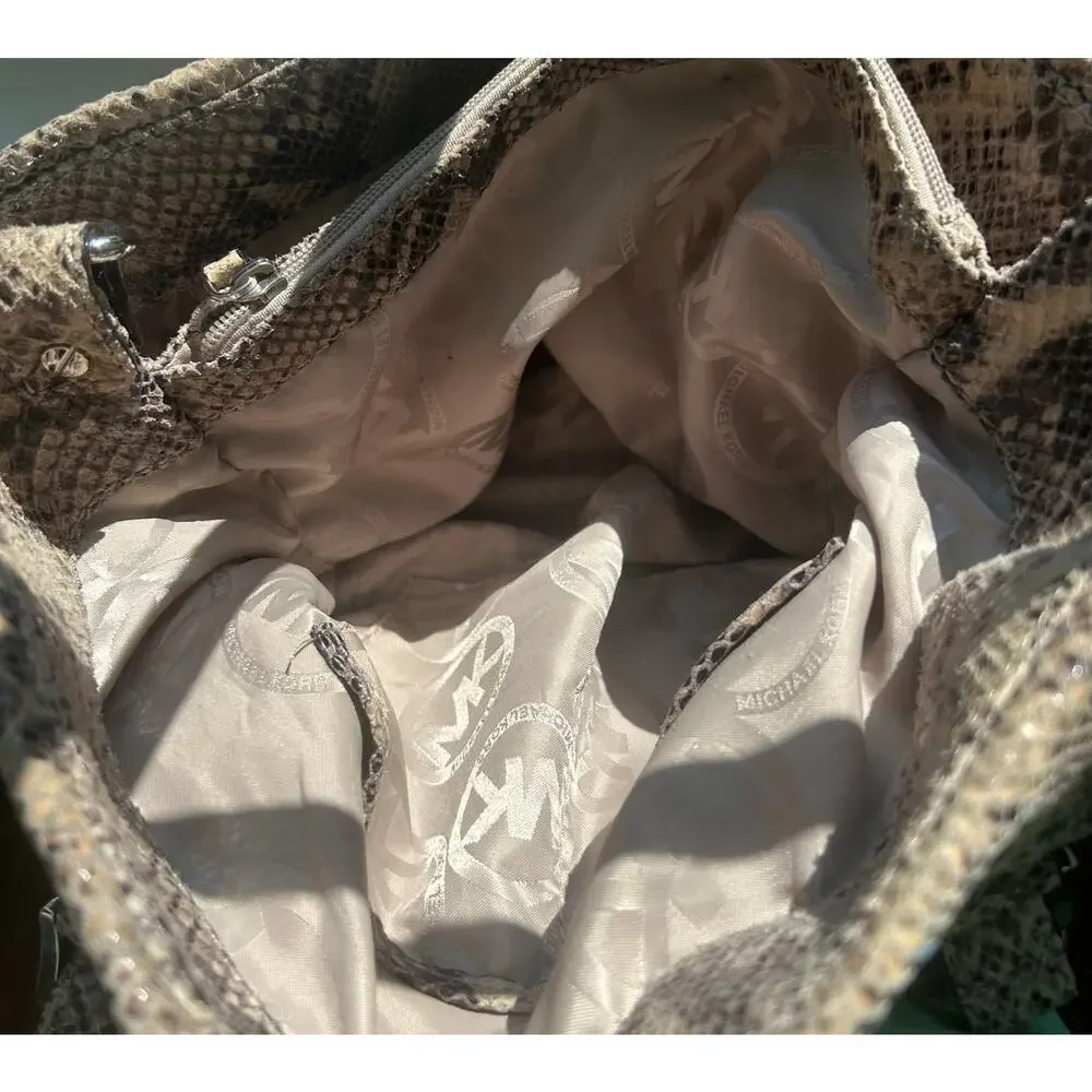 Michael Kors Snakeskin Gray Brown Leather Large Hobo Toto Purse Bag - Picture 16 of 16